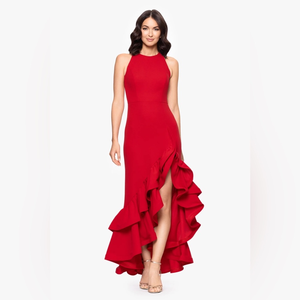Betsy & Adam Red High Low Ruffle Halter Gown SZ 4 NWT Formal Evening Dress GALA